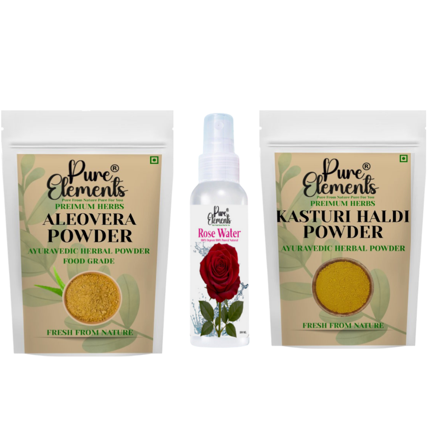 Pure Elements Herbal Skin Care Combo | Aloe Vera & Kasturi Haldi Powders with Rose Water (100 ml) ( Pack OF 400 gm )