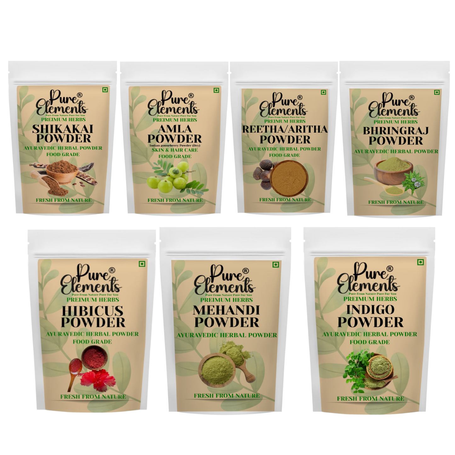 Pure Elements Herbal Hair Care Combo | Shikakai, Amla, Reetha, Bhringraj, Hibiscus, Mehndi & Indigo Powders ( 50 gm Each )
