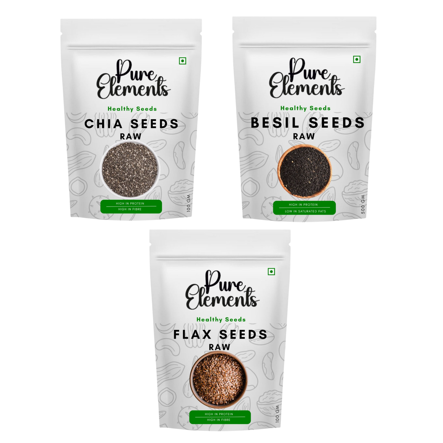 Pure Elements Healthy Raw Seeds Combo | Chia, Basil & Flax Seeds