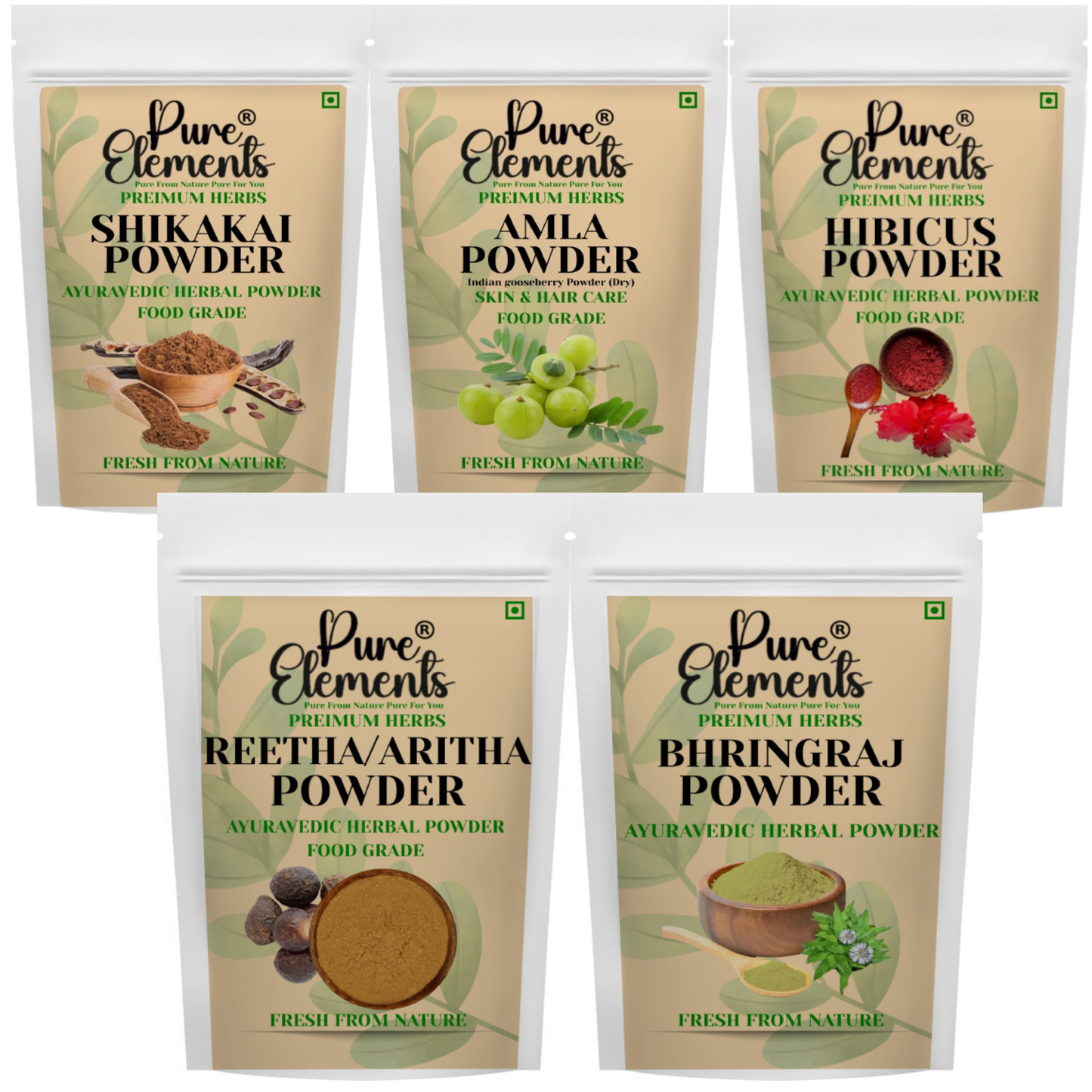 Pure Elements Herbal Hair Care Combo | Shikakai, Amla, Hibiscus, Bhringraj & Aritha Powder