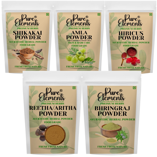 Pure Elements Herbal Hair Care Combo | Shikakai, Amla, Hibiscus, Bhringraj & Aritha Powder
