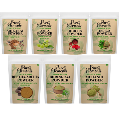 Pure Elements Herbal Hair Care & Coloring Combo | Shikakai, Amla, Hibiscus, Bhringraj, Aritha & Indigo Mehendi Powder ( 50 Gm Each )