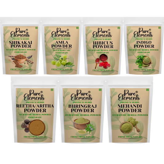 Pure Elements Herbal Hair Care & Coloring Combo | Shikakai, Amla, Hibiscus, Bhringraj, Aritha & Indigo Mehendi Powder ( 50 Gm Each )