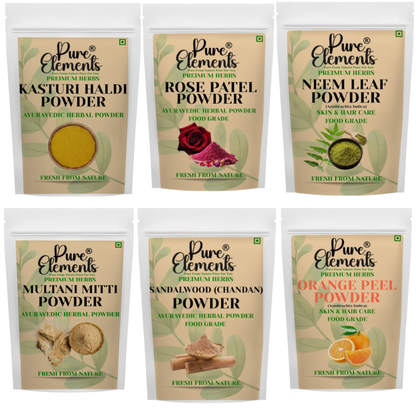 Pure Elements Herbal Skin Care Combo | Rose Petal, Sandalwood, Neem Leaf, Orange, Kasturi Haldi & Multani Mitti Powders (50 Gm Each )