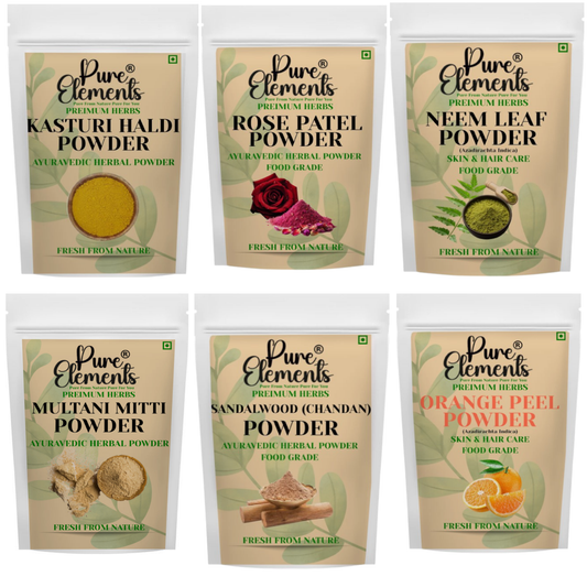 Pure Elements Herbal Skin Care Combo | Rose Petal, Sandalwood, Neem Leaf, Orange, Kasturi Haldi & Multani Mitti Powders (50 Gm Each )