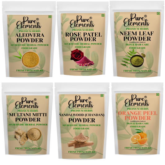 Pure Elements Herbal Skin Care Combo | Rose Petal, Sandalwood, Neem Leaf, Orange, Aloe Vera & Multani Mitti Powders ( 50 Gm Each )