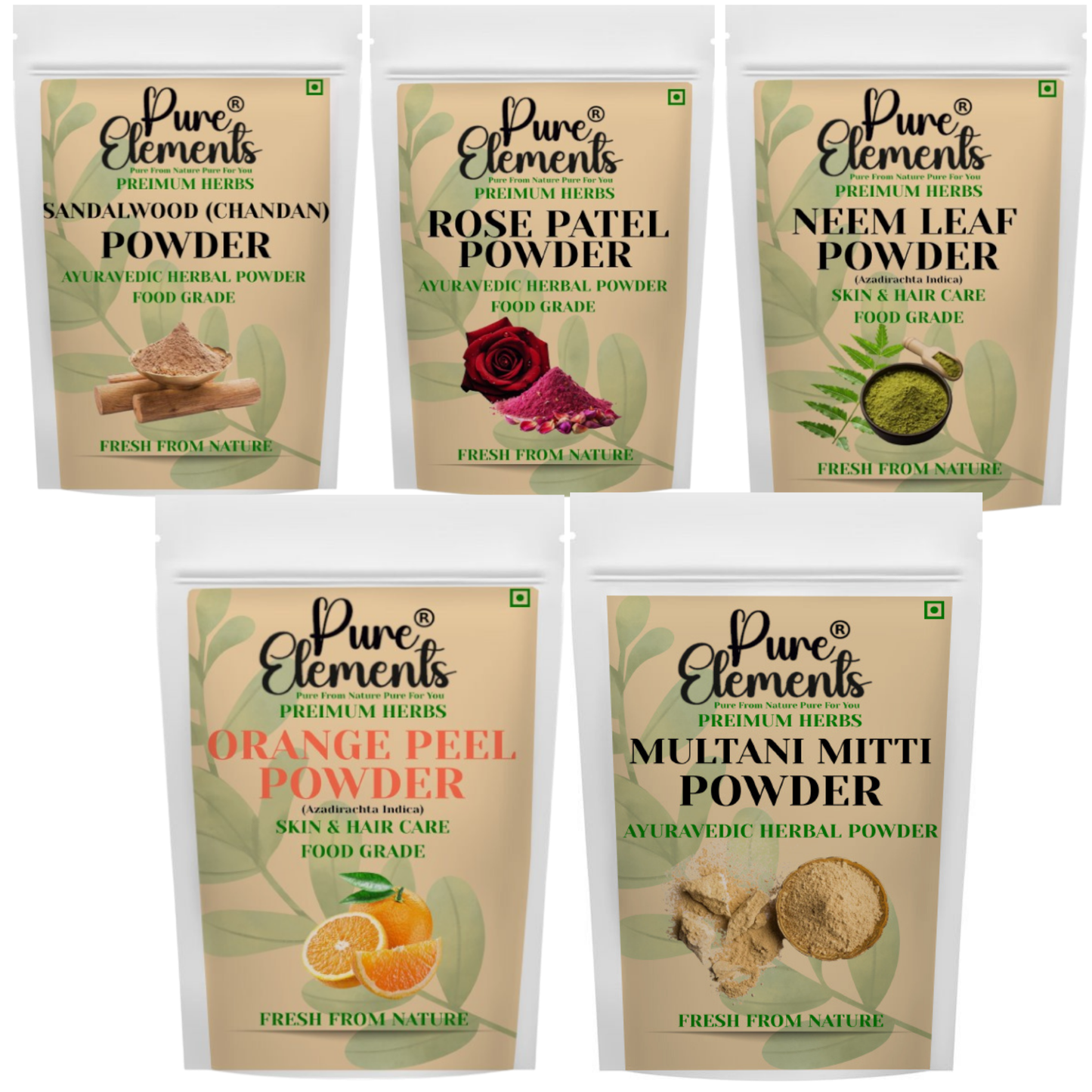 Pure Elements Herbal Skin Care Combo | Sandalwood, Rose Petal, Orange, Multani Mitti & Neem Leaf Powders ( Pack Of 5 900 Gm )