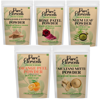 Pure Elements Herbal Skin Care Combo | Sandalwood, Rose Petal, Orange, Multani Mitti & Neem Leaf Powders ( Pack Of 5 400 Gm )