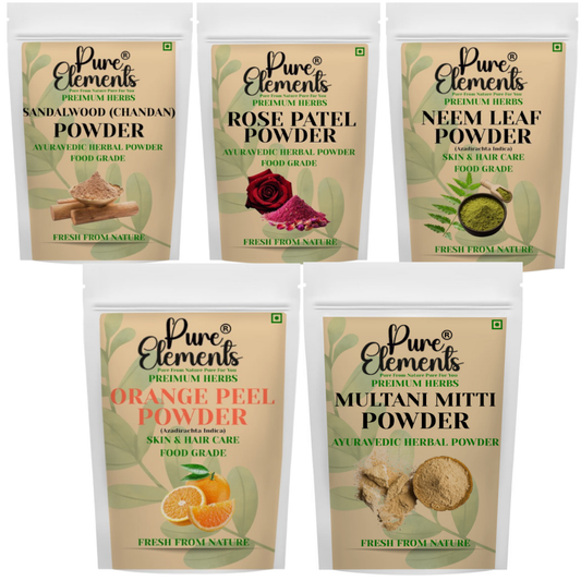 Pure Elements Herbal Skin Care Combo | Sandalwood, Rose Petal, Orange, Multani Mitti & Neem Leaf Powders ( Pack Of 5 900 Gm )