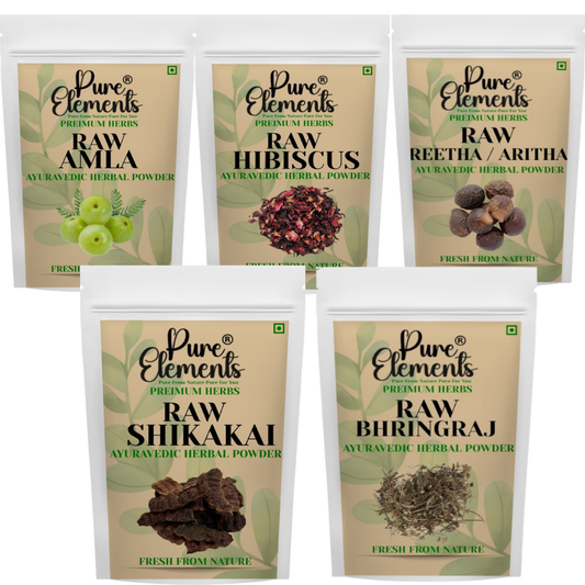 Pure Elements Herbal Hair Care Combo | Raw Amla, Raw Shikakai, Hibiscus, Bhringraj & Aritha Raw ( Pack Of 5 900gm )