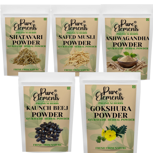 Pure Elements Ayurvedic Herbal Combo | Shatavari, Safed Musli, Kaunch Beej, Ashwagandha & Gokshura Powders ( 50 gm Each )