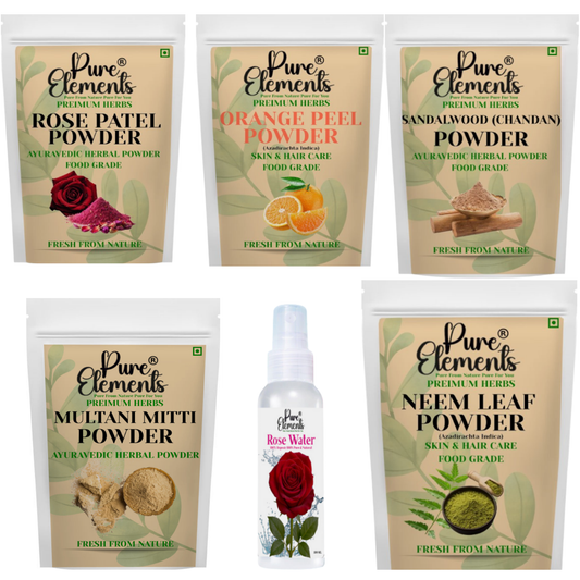 Pure Elements Herbal Skin Care Combo | Sandalwood, Rose Petal, Orange, Multani Mitti, Neem Leaf Powders & Rose Water ( 100ML ) ( 50 gm Each )