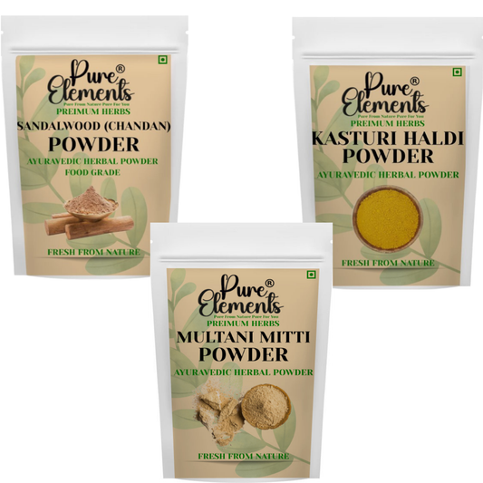 Pure Elements Herbal Skin Care Combo | Sandalwood, Kasturi Haldi & Multani Mitti Powders ( 200 gm Each )