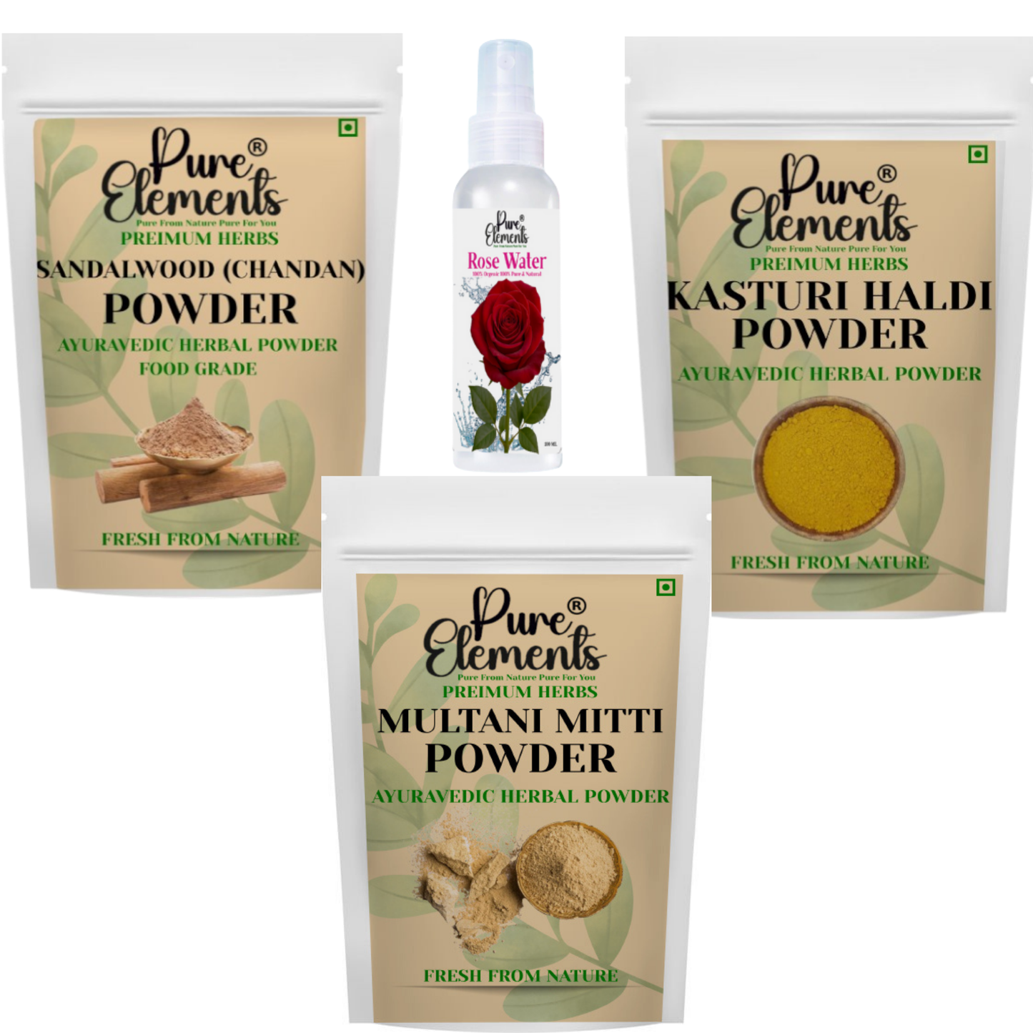 Pure Elements Herbal Skin Care Combo | Sandalwood, Kasturi Haldi, Multani Mitti Powders & Rose Water (100 ml) ( Pack Of 400gm )