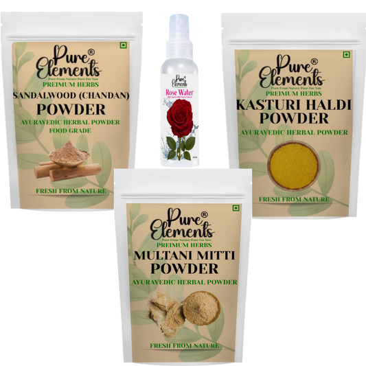 Pure Elements Herbal Skin Care Combo | Sandalwood, Kasturi Haldi, Multani Mitti Powders & Rose Water (100 ml) ( Pack Of 900gm )