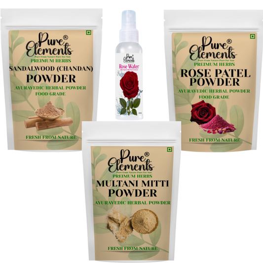 Pure Elements Herbal Skin Care Combo | Sandalwood, Rose Petal, Multani Mitti Powders & Rose Water (100 ml) ( Pack Of 300 gm )