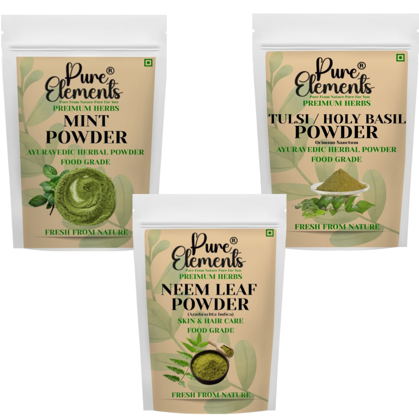 Pure Elements Herbal Wellness Combo | Mint, Neem & Tulsi Powders ( Pck Of 400 Gm )