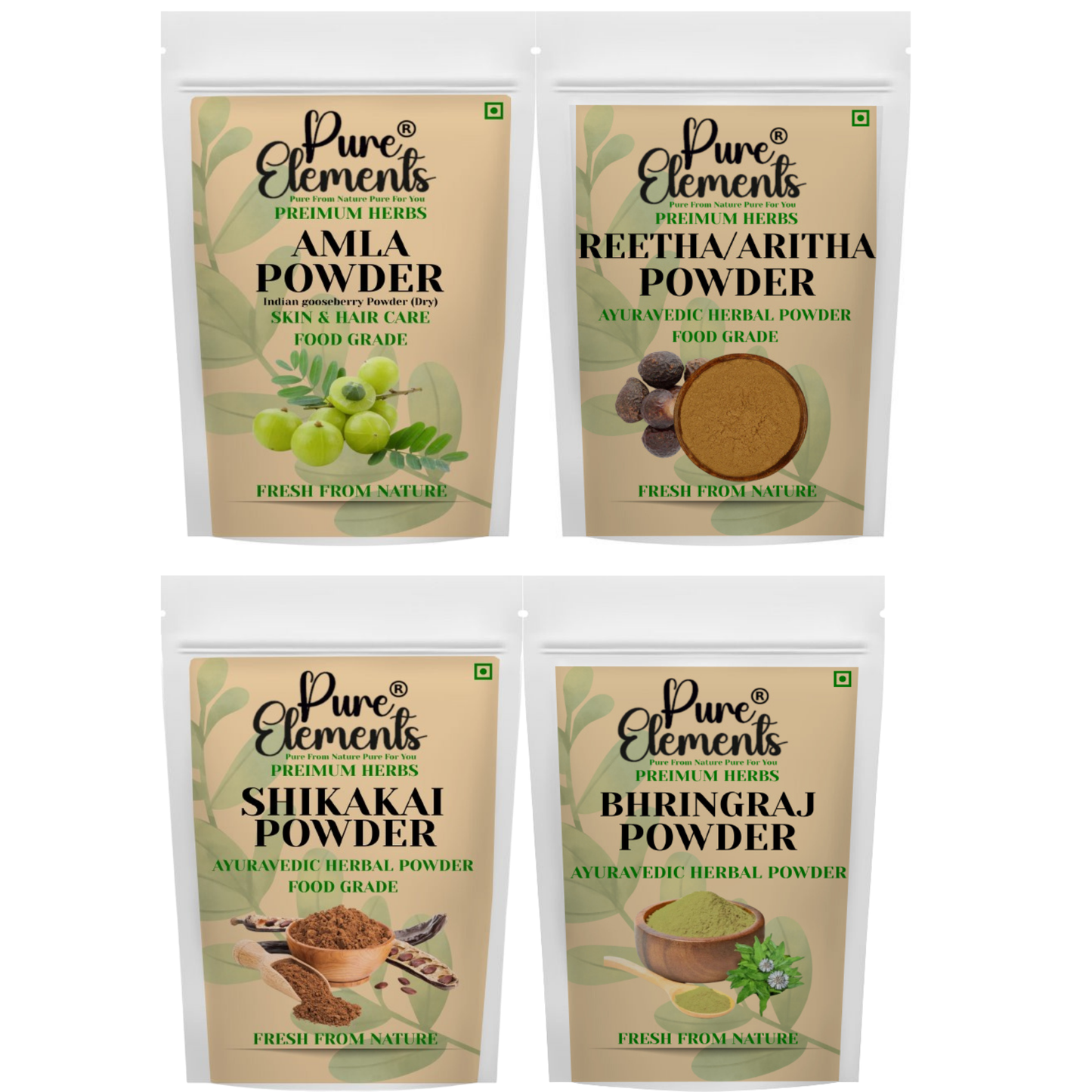 Pure Elements Herbal Hair Care Combo | Amla, Reetha, Bhringraj & Shikakai Powders ( 100 Gm Each )