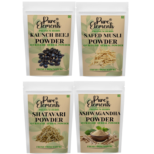 Pure Elements Ayurvedic Herbal Combo | Kaunch Beej, Shatavari, Safed Musli & Ashwagandha Powders ( Pack OF 800 gm )