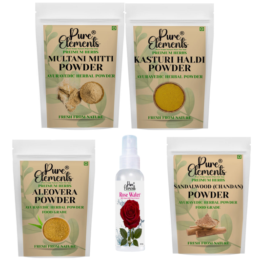 Pure Elements Herbal Skin Care Combo | Multani Mitti, Kasturi Haldi, Aloe Vera, Sandalwood Powders & Rose Water ( 100 ML ) ( Pack OF 800 Gm )