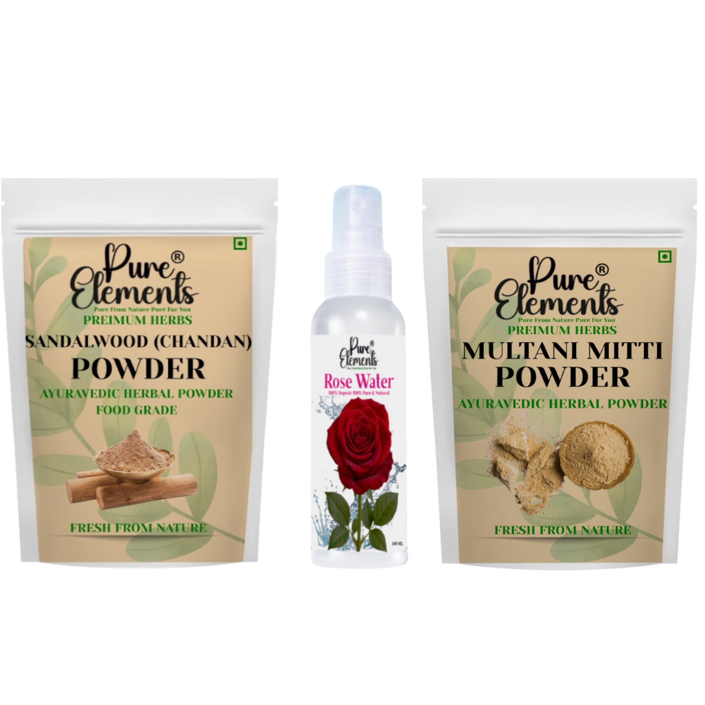 Pure Elements Herbal Skin Care Combo | Sandalwood & Multani Mitti Powders with Rose Water (100 ml) ( Pack Of 400 Gm )