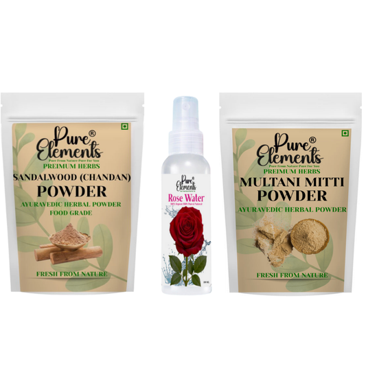 Pure Elements Herbal Skin Care Combo | Sandalwood & Multani Mitti Powders with Rose Water (100 ml) ( Pack Of 400 Gm )