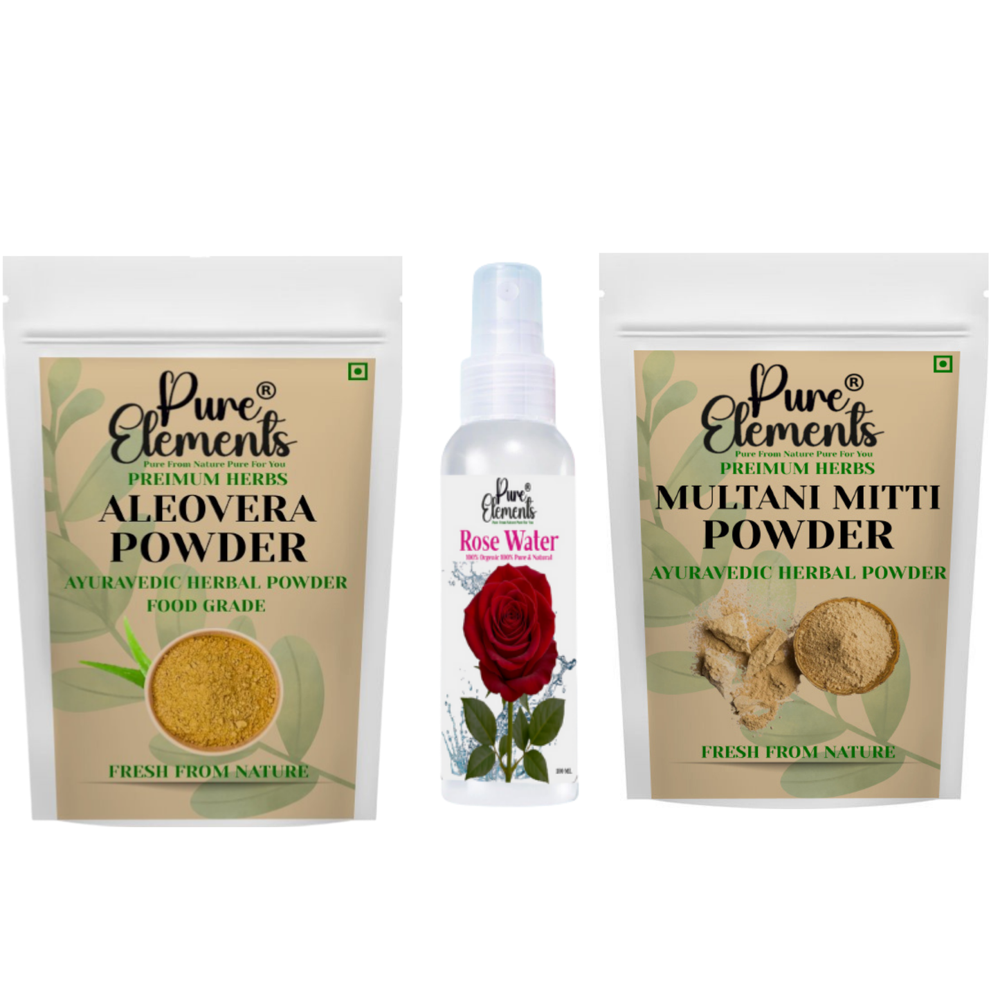 Pure Elements Herbal Skin Care Combo | Aloe Vera & Multani Mitti Powders with Rose Water (100 ml) ( Pack OF 400 Gm )