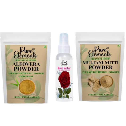 Pure Elements Herbal Skin Care Combo | Aloe Vera & Multani Mitti Powders with Rose Water (100 ml) ( Pack OF 400 Gm )