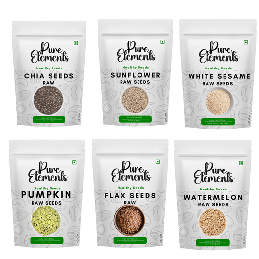 Pure Elements Healthy Raw Seeds Combo | Chia, Sunflower, Pumpkin, Watermelon, Flax & White Sesame Seeds