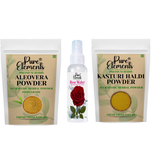 Pure Elements Herbal Skin Care Combo | Aloe Vera & Kasturi Haldi Powders with Rose Water (100 ml) ( Pack OF 400 gm )