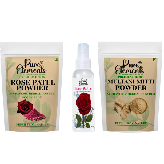 Pure Elements Herbal Skin Care Combo | Rose Petal & Multani Mitti Powders with Rose Water (100 ml) ( Pack Of 400 gm )