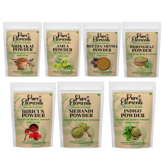 Pure Elements Herbal Hair Care Combo | Shikakai, Amla, Reetha, Bhringraj, Hibiscus, Mehndi & Indigo Powders ( 50 gm Each )