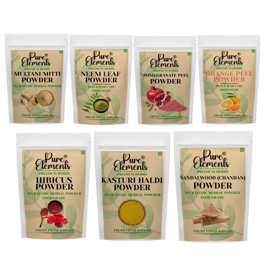 Pure Elements Herbal Skin Care Combo | Multani Mitti, Neem, Pomegranate, Orange, Hibiscus, Sandalwood & Kasturi Haldi Powders ( 50 gm Each )